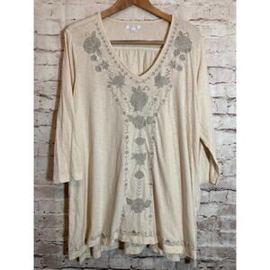 Caite Boho Top Womens XL Ivory Cream Embroidered Florals Hippie Cotton Stretch